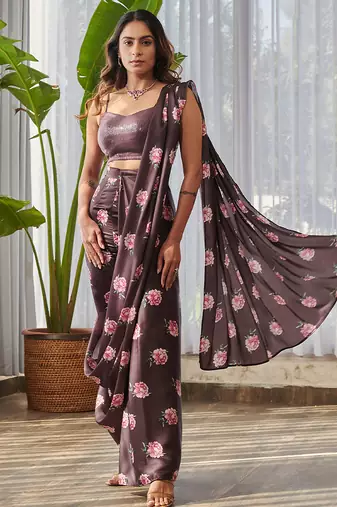 Dark brown printed swiss satin saree set