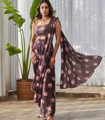 Dark brown printed swiss satin saree set