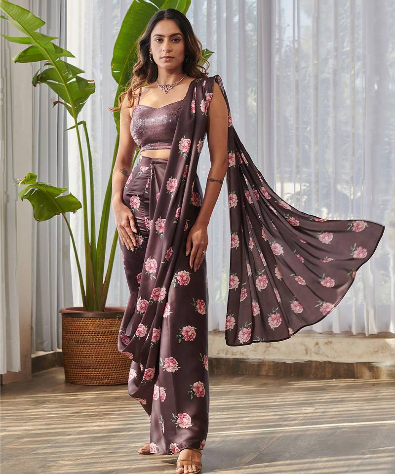 Dark brown printed swiss satin saree set