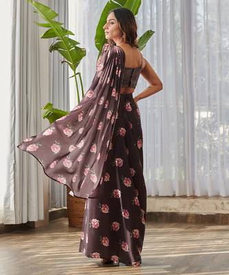 Dark brown printed swiss satin saree set 2