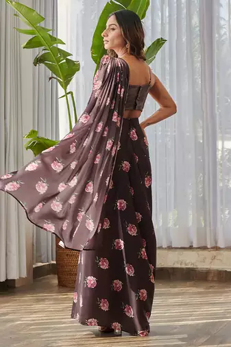 Dark brown printed swiss satin saree set