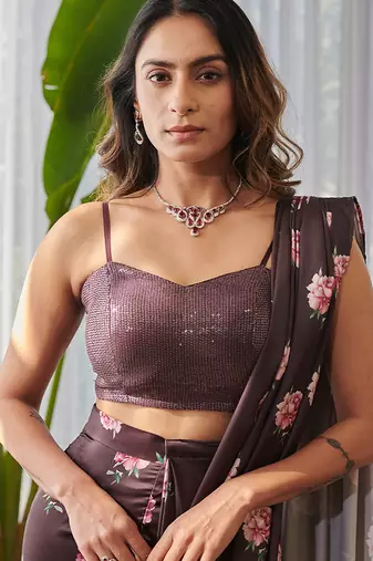 Dark brown printed swiss satin saree set