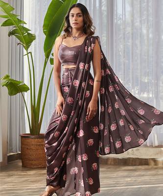 Dark brown printed swiss satin saree set 5