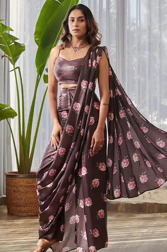 Dark brown printed swiss satin saree set