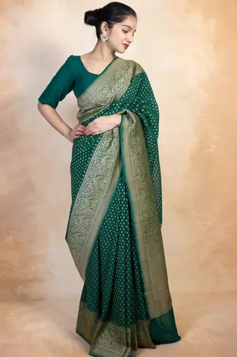 Green silk blend banarasi saree with unstitched blouse piece
