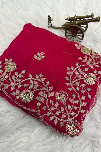 rani pink color embroidery work Fandy satin silk saree