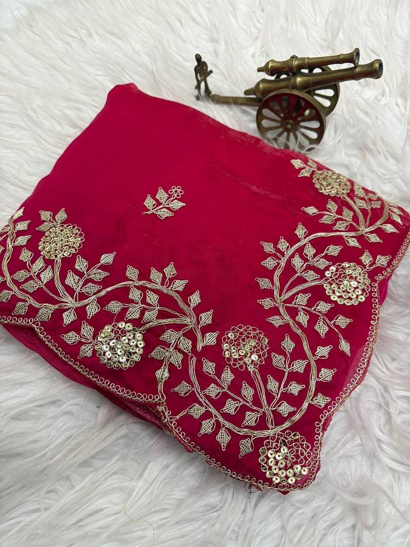 rani pink color embroidery work Fandy satin silk saree