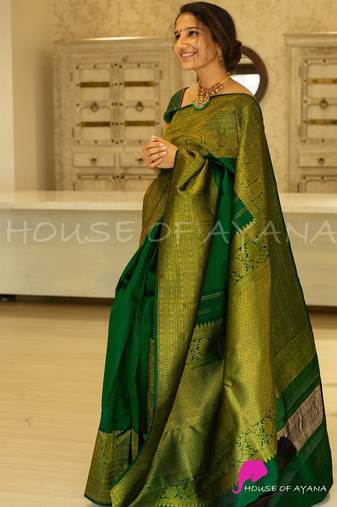 Green soft silk blend banarasi jacuard work designer party wear saree with unstitched blouse piece