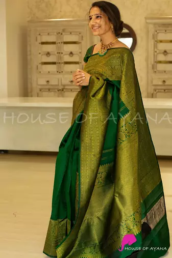 Green soft silk blend banarasi jacuard work designer party wear saree with unstitched blouse piece