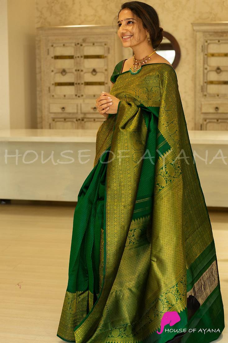 Green soft silk blend banarasi jacuard work designer party wear saree with unstitched blouse piece