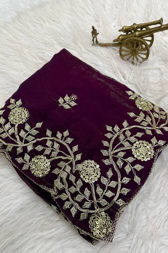 purple color embroidery work Fandy satin silk saree