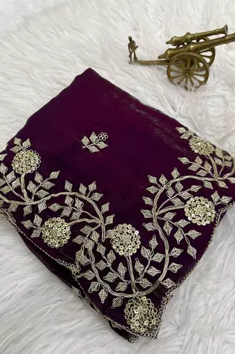 purple color embroidery work Fandy satin silk saree