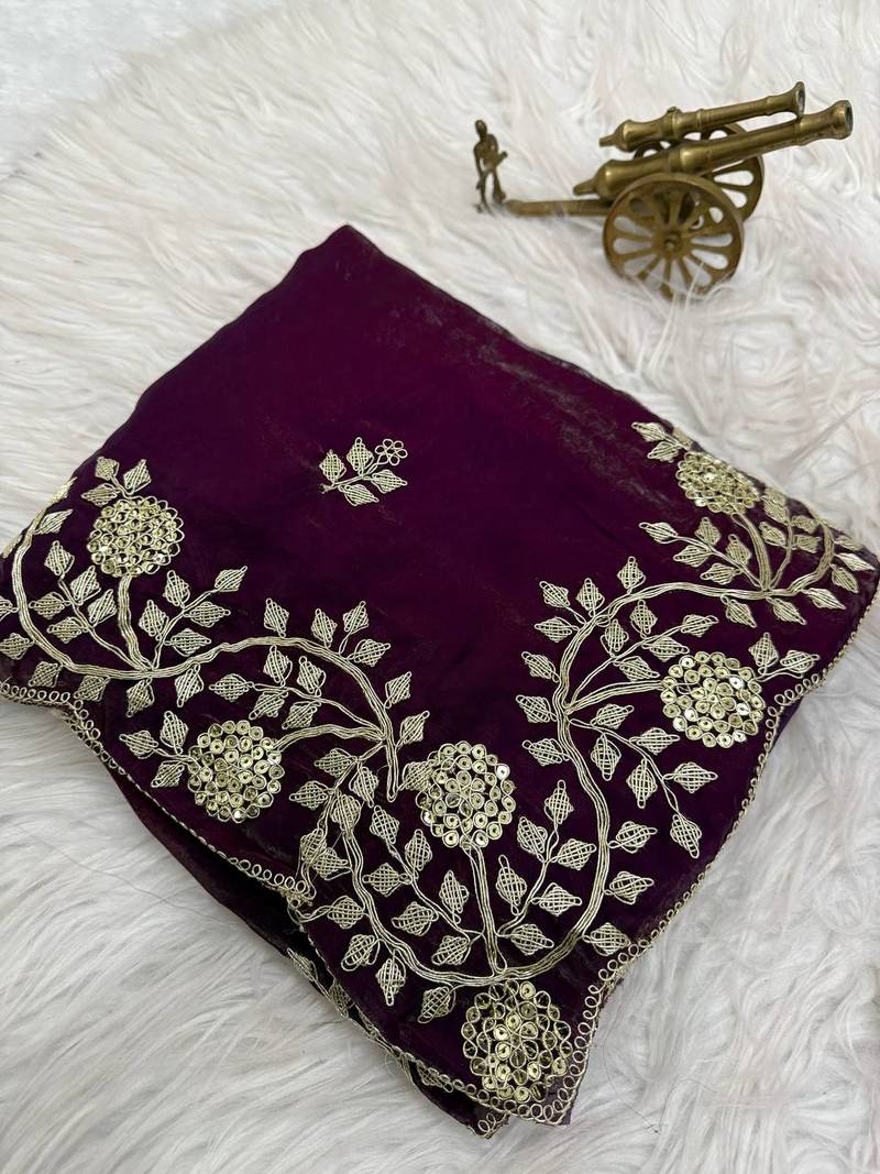 purple color embroidery work Fandy satin silk saree