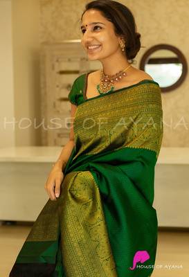 Green silk blend banarasi saree with unstitched blouse piece 2