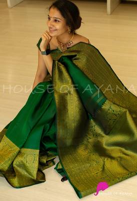 Green silk blend banarasi saree with unstitched blouse piece 3