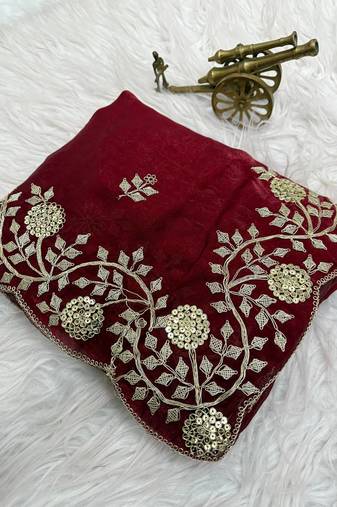 maroon color embroidery work Fandy satin silk saree