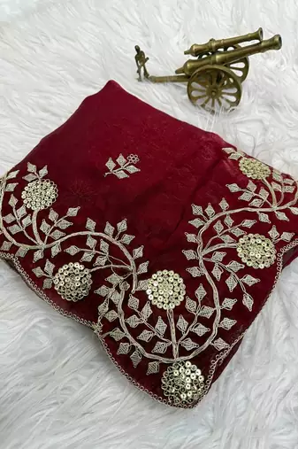 maroon color embroidery work Fandy satin silk saree