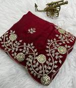 maroon color embroidery work Fandy satin silk saree