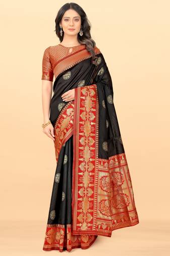 Black red soft silk blend banarasi jacuard work designer party wear saree with unstitched blouse piece