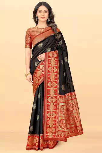 Black red soft silk blend banarasi jacuard work designer party wear saree with unstitched blouse piece