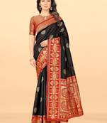 Black red soft silk blend banarasi jacuard work designer party wear saree with unstitched blouse piece