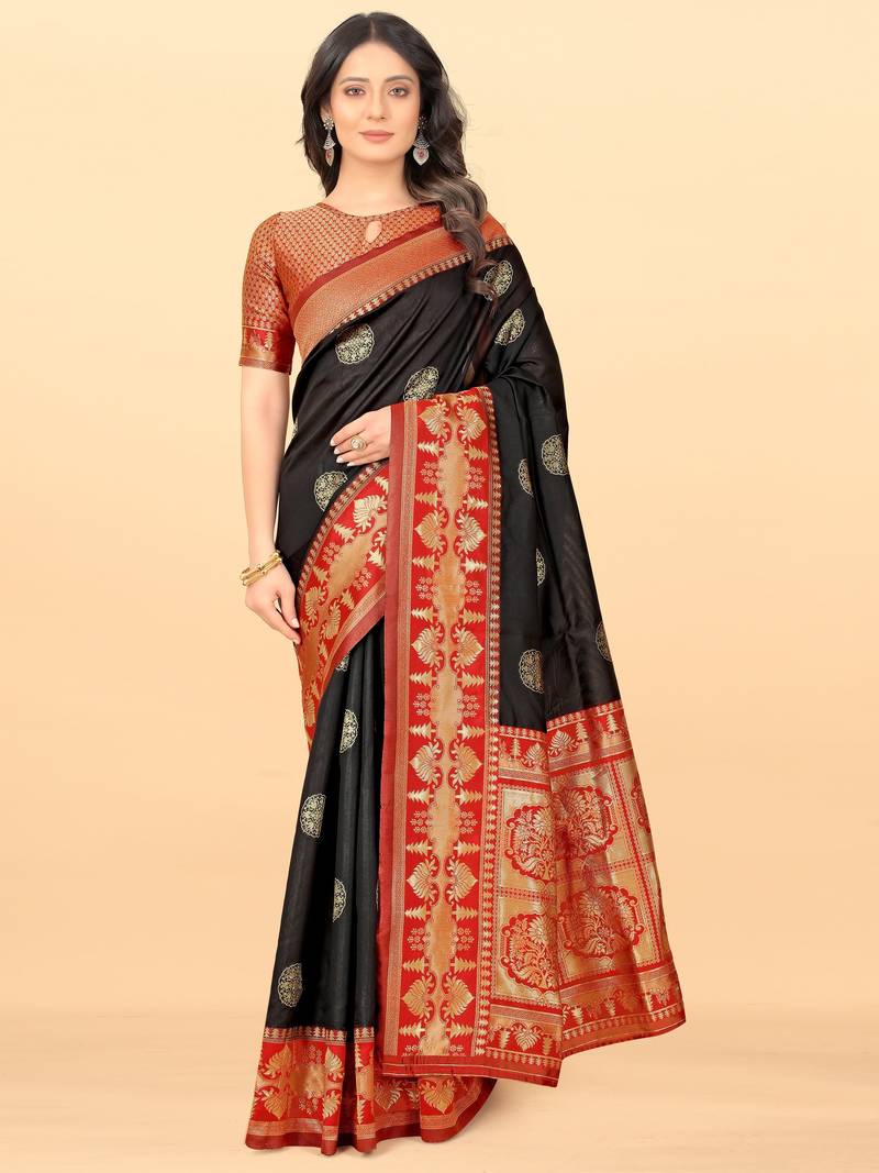 Black red soft silk blend banarasi jacuard work designer party wear saree with unstitched blouse piece