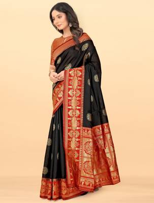 Black red silk blend banarasi saree with unstitched blouse piece 2