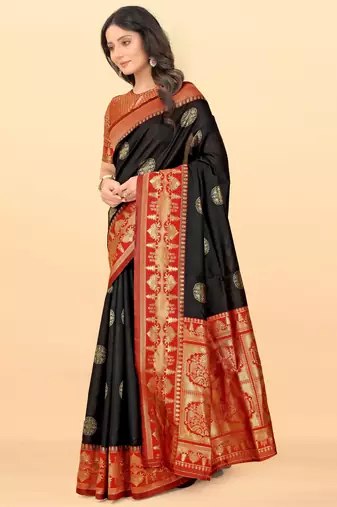 Black red silk blend banarasi saree with unstitched blouse piece