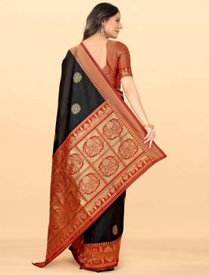 Black red silk blend banarasi saree with unstitched blouse piece 3
