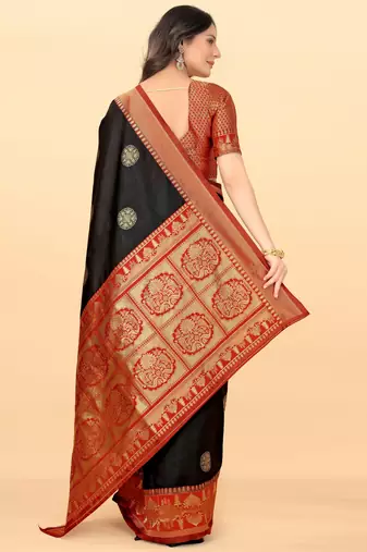 Black red silk blend banarasi saree with unstitched blouse piece