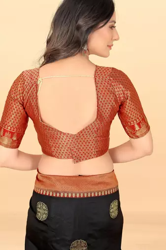 Black red silk blend banarasi saree with unstitched blouse piece