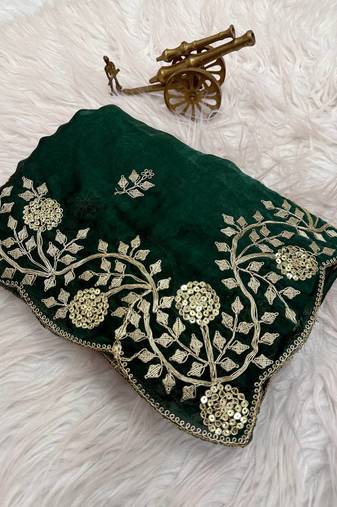 green color embroidery work Fandy satin silk saree