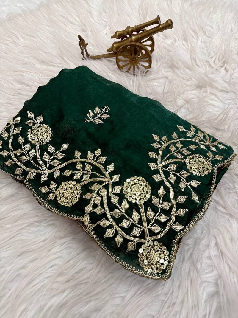 green color embroidery work Fandy satin silk saree