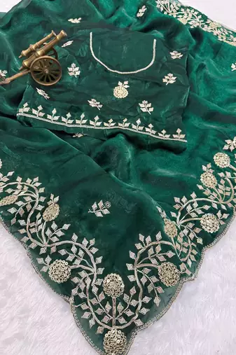 green color embroidery work Fandy satin art silk saree