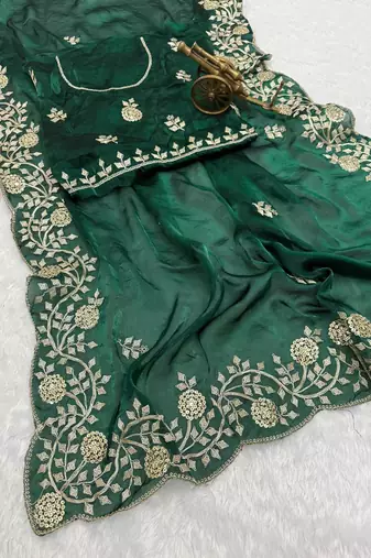 green color embroidery work Fandy satin art silk saree