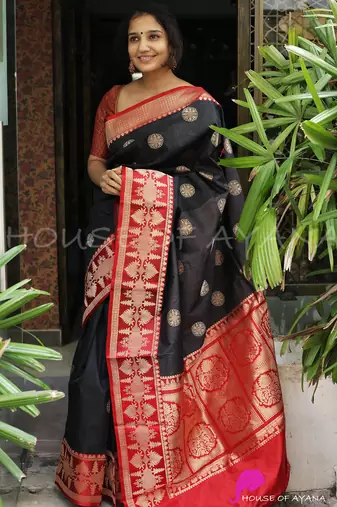 Black red soft silk blend banarasi jacuard work designer party wear saree with unstitched blouse piece