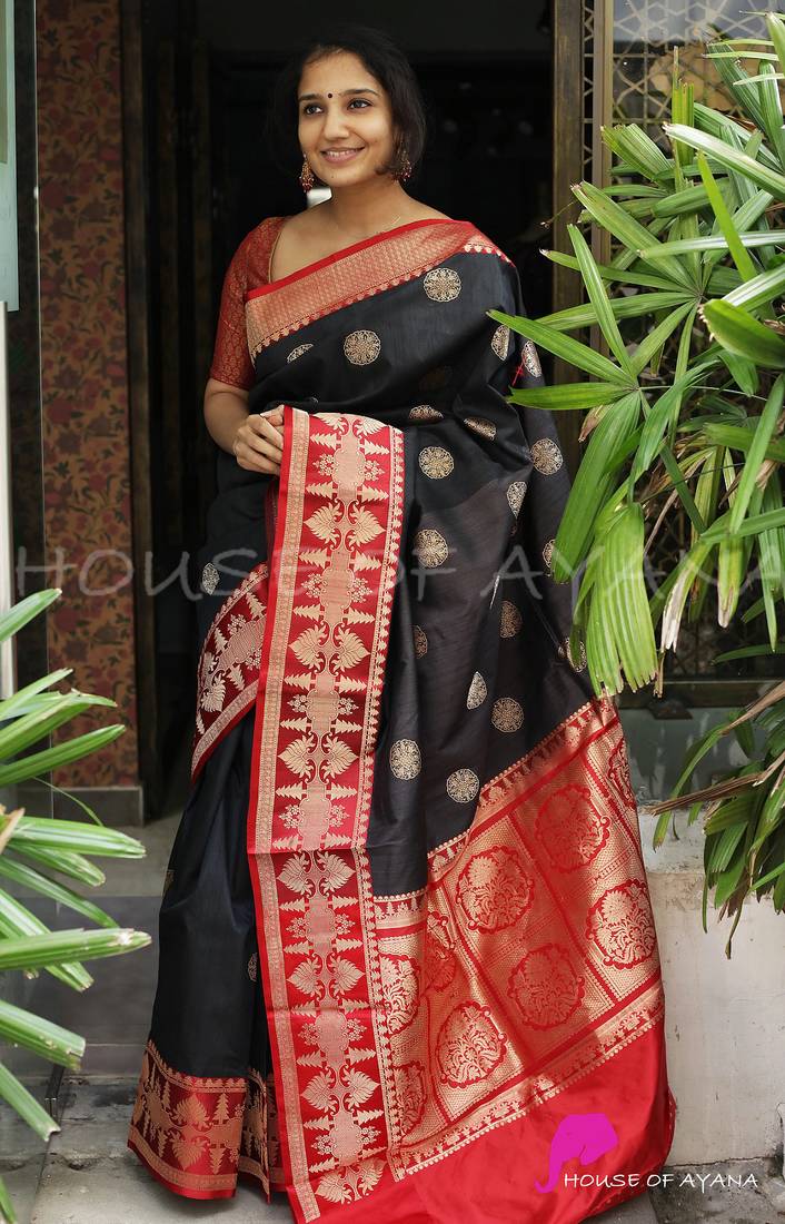 Black red soft silk blend banarasi jacuard work designer party wear saree with unstitched blouse piece