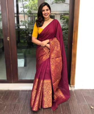Maroon silk blend banarasi saree with unstitched blouse piece 1