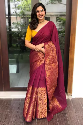 Maroon soft silk blend banarasi jacuard work designer party wear saree with unstitched blouse piece