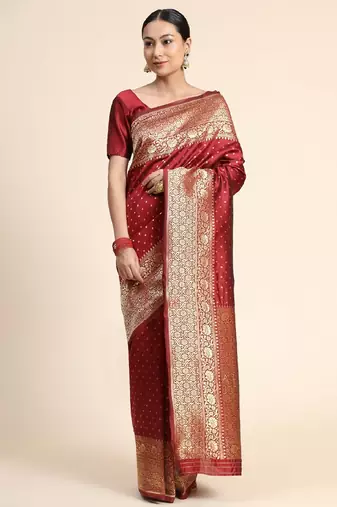 Maroon soft silk blend banarasi jacuard work designer party wear saree with unstitched blouse piece