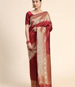 Maroon silk blend banarasi saree with unstitched blouse piece
