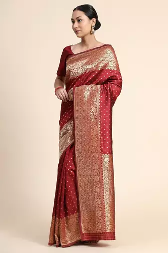Maroon silk blend banarasi saree with unstitched blouse piece