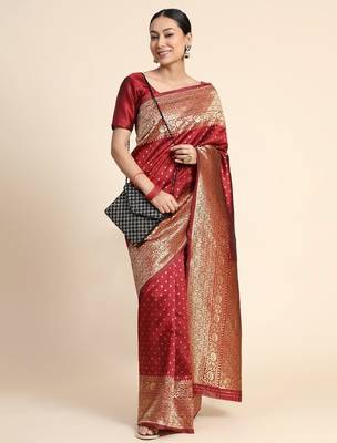 Maroon silk blend banarasi saree with unstitched blouse piece 3