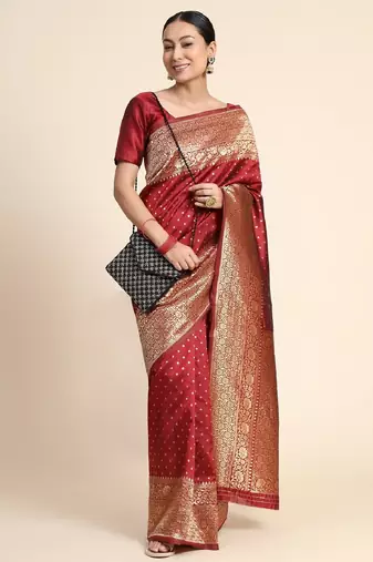 Maroon silk blend banarasi saree with unstitched blouse piece