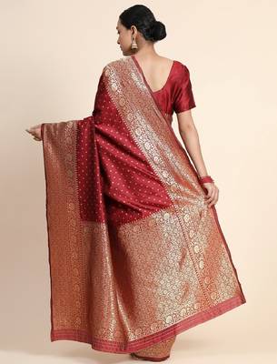 Maroon silk blend banarasi saree with unstitched blouse piece 4