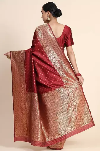 Maroon silk blend banarasi saree with unstitched blouse piece