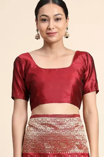 Maroon silk blend banarasi saree with unstitched blouse piece