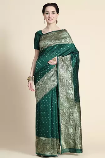 Green soft silk blend banarasi jacuard work designer party wear saree with unstitched blouse piece