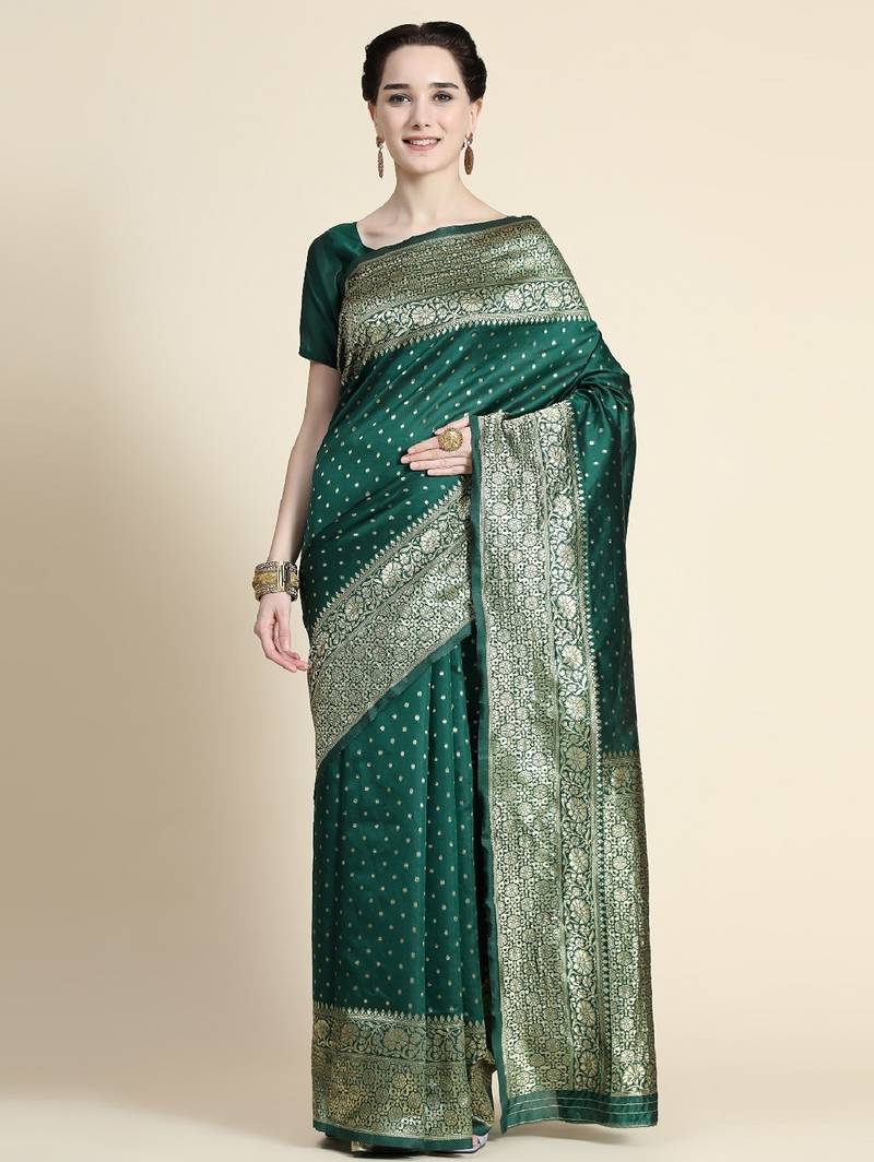 Green soft silk blend banarasi jacuard work designer party wear saree with unstitched blouse piece