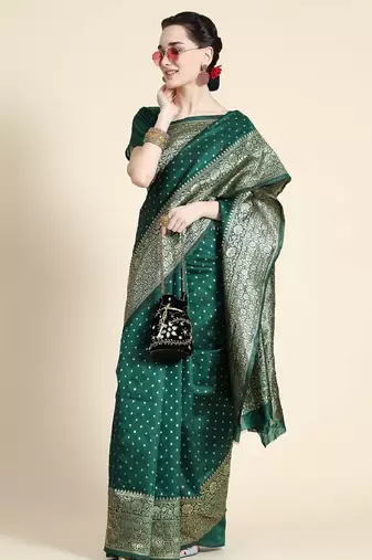 Green silk blend banarasi saree with unstitched blouse piece